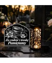 Duży znicz solarny LED XL z grawerem — Pielęgniarka — Za czułość i troskę — na nagrobku wieczorem