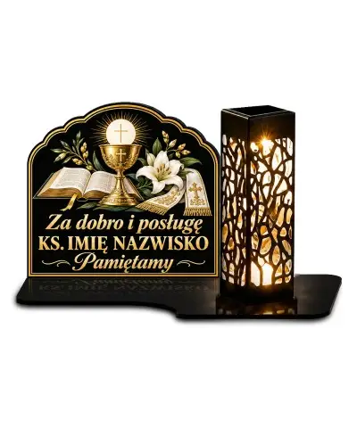 Duży znicz solarny LED XL dla księdza - Za dobro i posługę - nadruk UV - białe tło