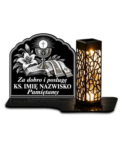 Duży znicz solarny LED XL dla księdza - Za dobro i posługę - grawer - białe tło