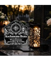 Znicz solarny LED XL dla brata - Kompas wspomnień - grawer - na grobie wieczorem
