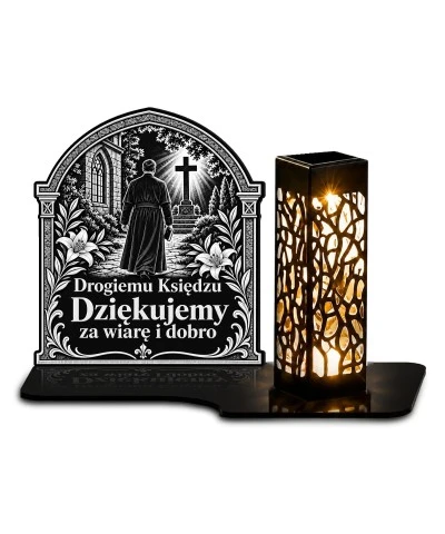 Znicz solarny LED XL dla księdza - Pasterz na drodze wiary - grawer - białe tło