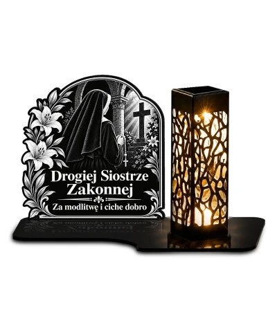 Znicz solarny LED XL dla siostry zakonnej - Cicha modlitwa - grawer - białe tło