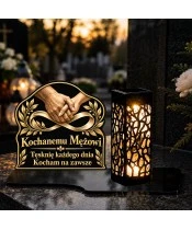 Znicz solarny LED XL dla męża - Uścisk na zawsze - na grobie wieczorem