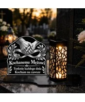 Znicz solarny LED XL dla męża - Uścisk na zawsze - grawer - na grobie wieczorem