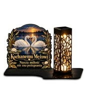 Znicz solarny LED XL dla męża - Łabędzie wiernej miłości - białe tło