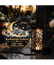 Znicz solarny LED XL dla synka - Autko wśród gwiazd - na grobie wieczorem