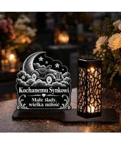 Znicz solarny LED XL dla synka - Autko wśród gwiazd - grawer - na grobie w dzień