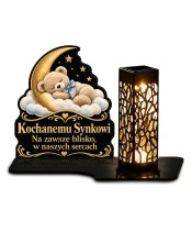 Znicz solarny LED XL dla synka - Miś pod księżycem - białe tło