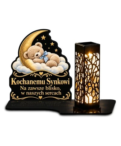 Znicz solarny LED XL dla synka - Miś pod księżycem - białe tło