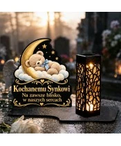 Znicz solarny LED XL dla synka - Miś pod księżycem - na grobie
