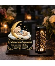 Znicz solarny LED XL dla synka - Miś pod księżycem - na grobie w dzień