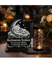 Znicz solarny LED XL dla synka - Miś pod księżycem - grawer - na grobie w dzień