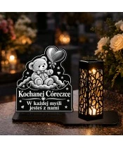 Znicz solarny LED XL dla córki - Miś z balonikiem - grawer - na grobie w dzień