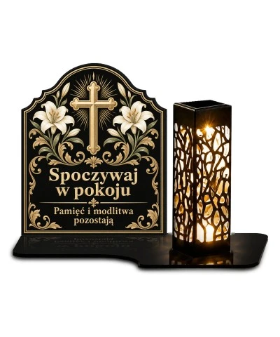 Duży znicz solarny LED XL - Krzyż i białe lilie - białe tło