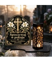 Duży znicz solarny LED XL - Krzyż i białe lilie - na grobie w dzień
