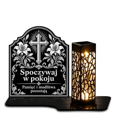 Duży znicz solarny LED XL - Krzyż i białe lilie - grawer - białe tło