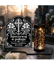 Duży znicz solarny LED XL - Krzyż i białe lilie - grawer - na grobie w dzień