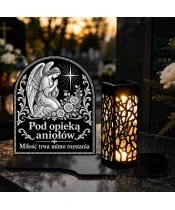 Duży znicz solarny LED XL - Anioł cichej modlitwy - grawer - na grobie wieczorem
