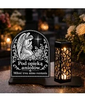 Duży znicz solarny LED XL - Anioł cichej modlitwy - grawer - na grobie w dzień
