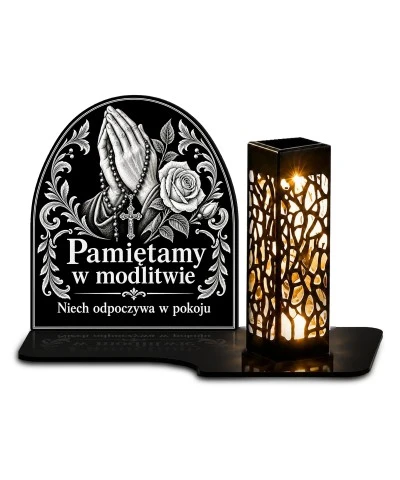 Duży znicz solarny LED XL - Różaniec i dłonie - grawer - białe tło
