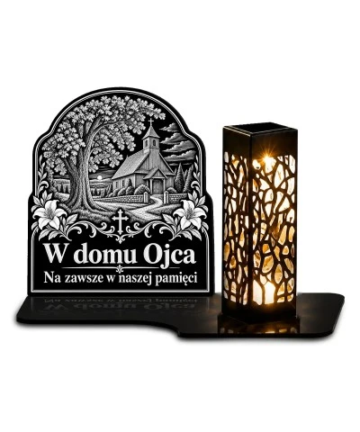 Duży znicz solarny LED XL - Kościółek pod lipą - grawer - białe tło