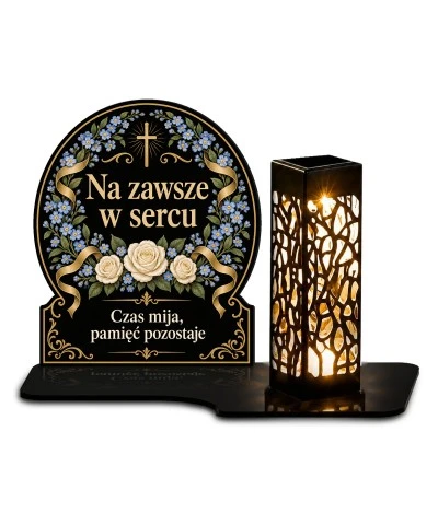 Duży znicz solarny LED XL - Wianek niezapominajek - białe tło