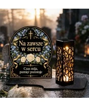Duży znicz solarny LED XL - Wianek niezapominajek - na grobie w dzień