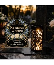 Duży znicz solarny LED XL - Wianek niezapominajek - na grobie wieczorem