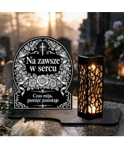 Duży znicz solarny LED XL - Wianek niezapominajek - grawer - na grobie w dzień