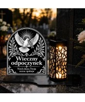 Duży znicz solarny LED XL - Gołąb pokoju - grawer - na grobie wieczorem