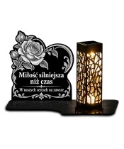Duży znicz solarny LED XL - Serce i herbaciana róża - grawer - białe tło