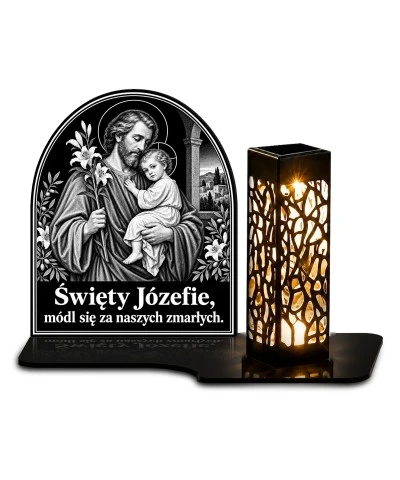 Duży znicz solarny LED XL - Święty Józef - grawer - białe tło