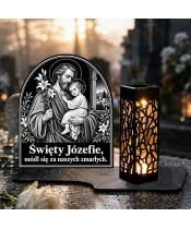 Duży znicz solarny LED XL - Święty Józef - grawer - na grobie w dzień