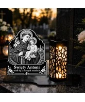 Duży znicz solarny LED XL - Święty Antoni - grawer - na grobie wieczorem