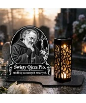 Duży znicz solarny LED XL - Święty Ojciec Pio - grawer - na grobie w dzień