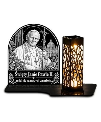 Duży znicz solarny LED XL - Święty Jan Paweł II - grawer - białe tło