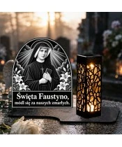 Duży znicz solarny LED XL - Święta Faustyna - grawer - na grobie w dzień