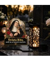 Duży znicz solarny LED XL - Święta Rita - na grobie wieczorem