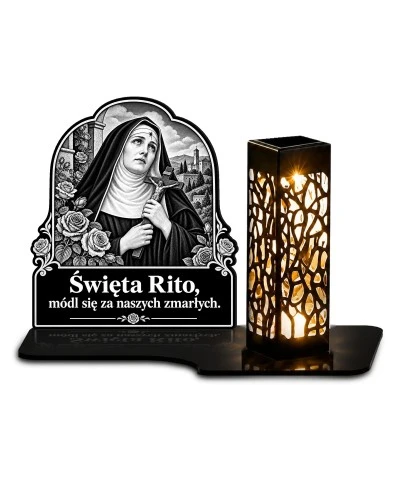 Duży znicz solarny LED XL - Święta Rita - grawer - białe tło