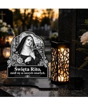 Duży znicz solarny LED XL - Święta Rita - grawer - na grobie wieczorem