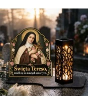 Duży znicz solarny LED XL - Święta Teresa - na grobie w dzień