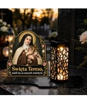 Duży znicz solarny LED XL - Święta Teresa - na grobie wieczorem