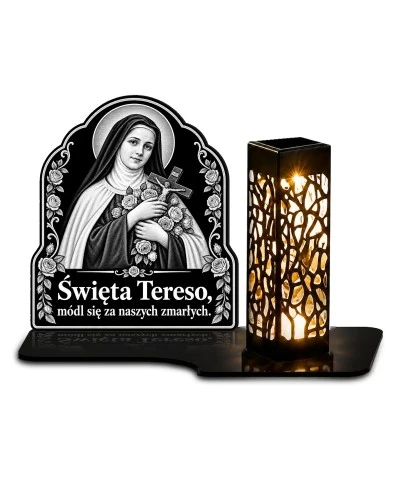 Duży znicz solarny LED XL - Święta Teresa - grawer - białe tło