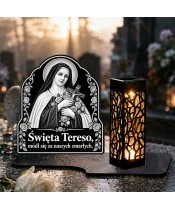 Duży znicz solarny LED XL - Święta Teresa - grawer - na grobie w dzień