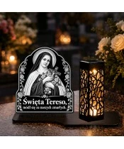 Duży znicz solarny LED XL - Święta Teresa - grawer - na grobie w dzień