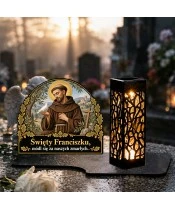 Duży znicz solarny LED XL - Święty Franciszek - na grobie w dzień
