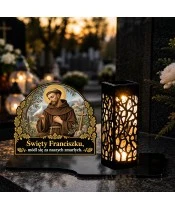Duży znicz solarny LED XL - Święty Franciszek - na grobie wieczorem