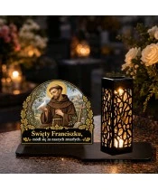 Duży znicz solarny LED XL - Święty Franciszek - na grobie w dzień
