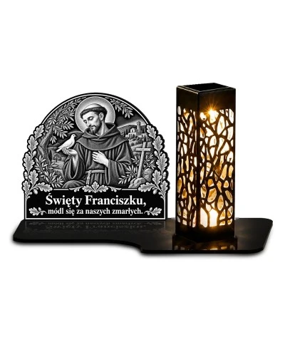 Duży znicz solarny LED XL - Święty Franciszek - grawer - białe tło