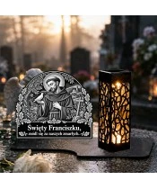 Duży znicz solarny LED XL - Święty Franciszek - grawer - na grobie w dzień